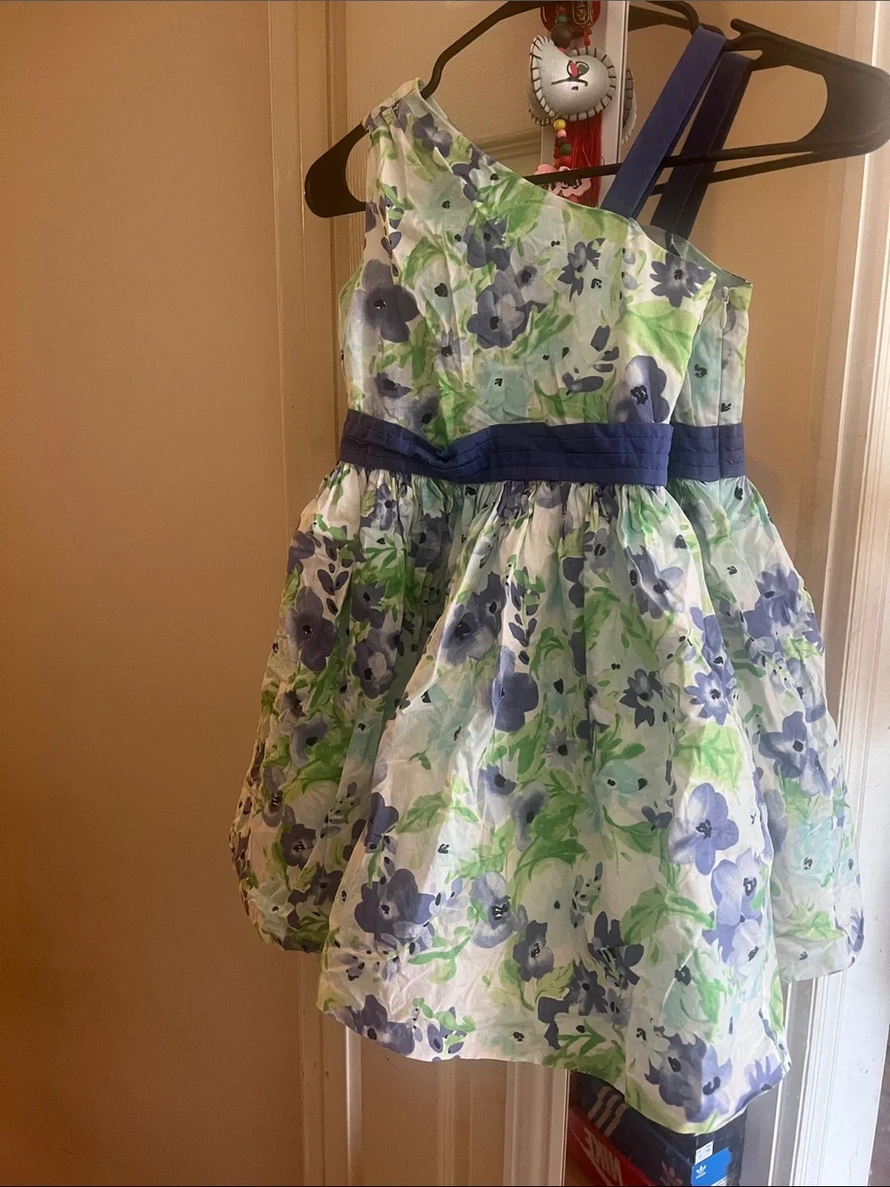 Gymboree One-Shoulder Floral Dress in Green & Blue with Navy Waistband