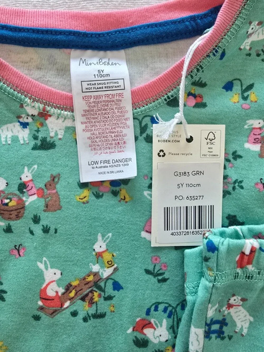 NEW 4-5Y Mini Boden Girls Snug Long John Pajamas, Farm Animals/Garden