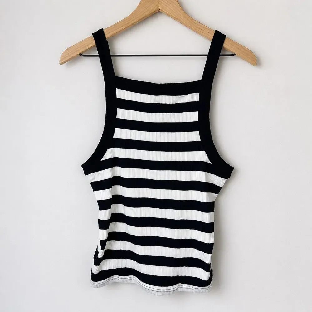 J.Crew Black White Striped Ribbed Square Neck Tank Top Large