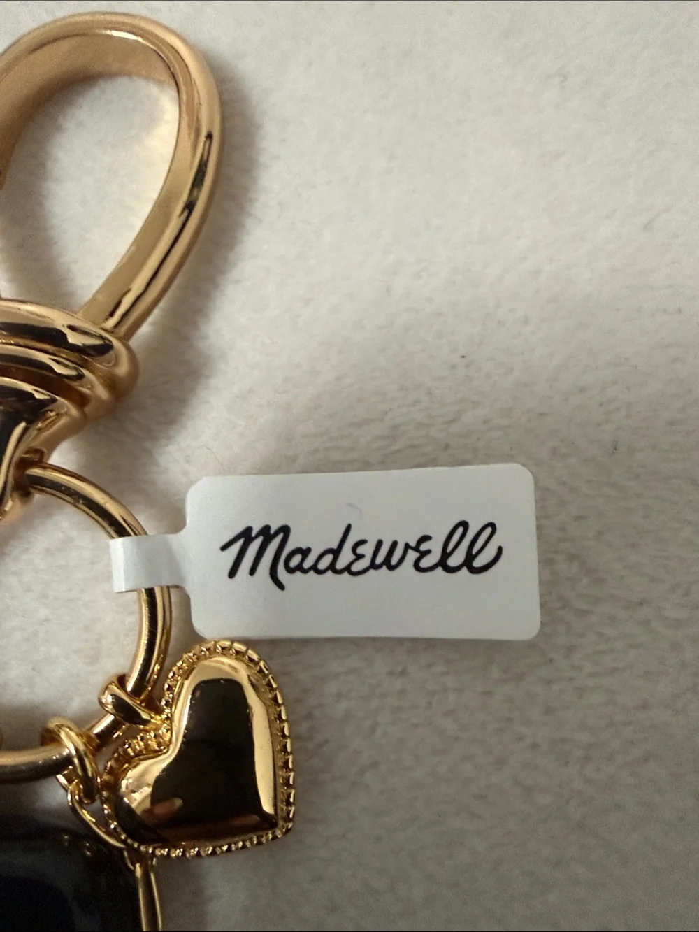 New Madewell Black and Gold Heart Charm Keyring with Blue Accent