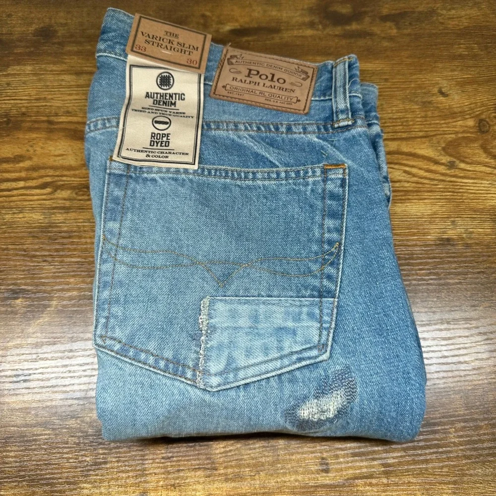 NEW Polo Ralph Lauren Varick Slim Straight Patch Distressed Jeans Light Wash 33