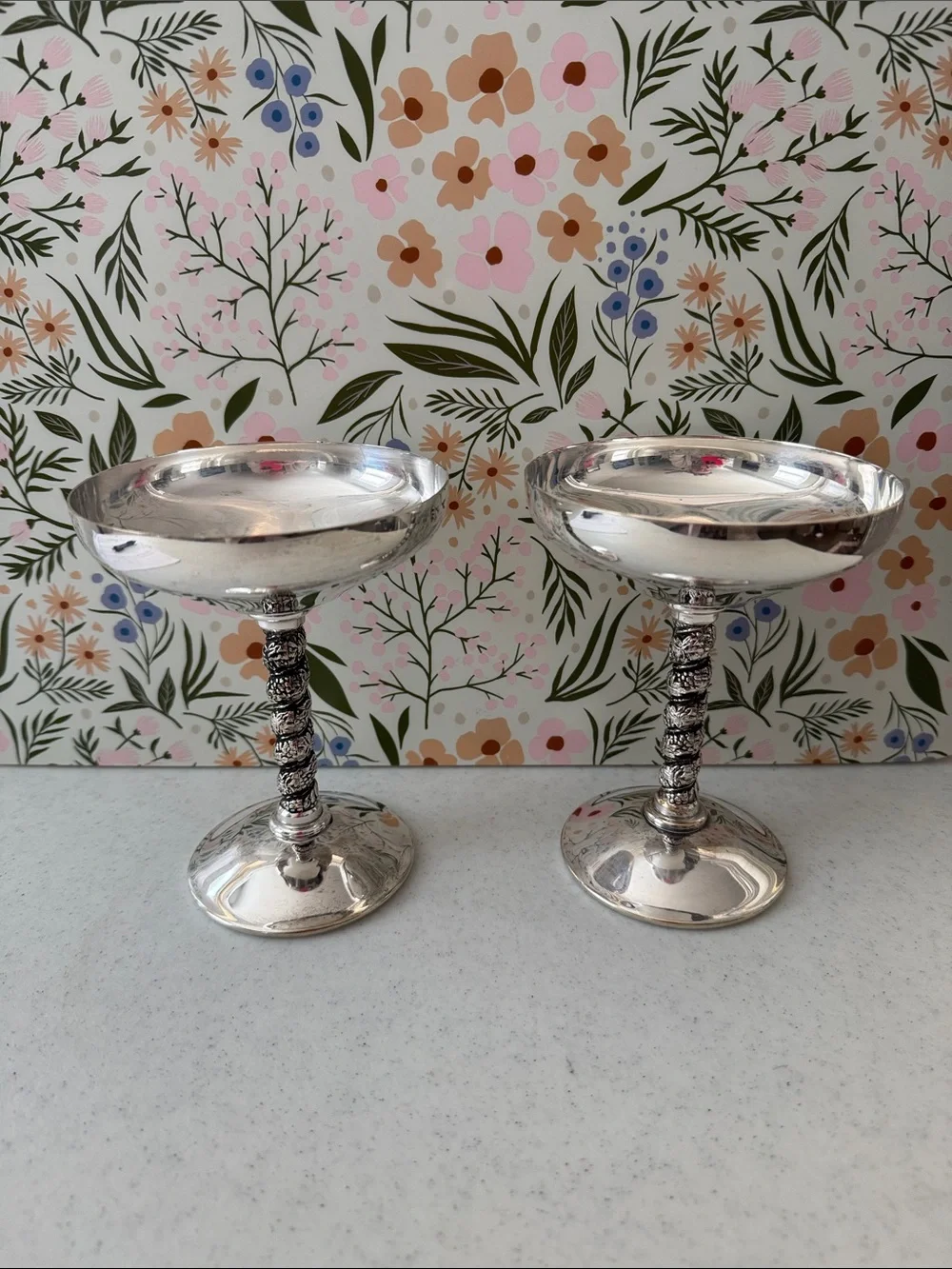 Spain Sterling Silver Plated over Brass  with Twisted Grapevine Stem Goblets