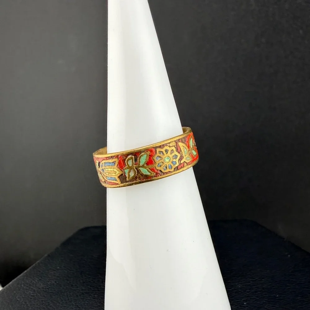 Vintage Cloisonne Enamel Flower Band Ring Red Gold Tone Size 4