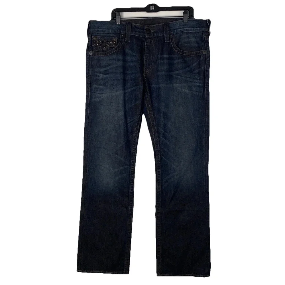 Men's True‎ Religion Ricky Pyramid Studded Straight Blue Jeans  38