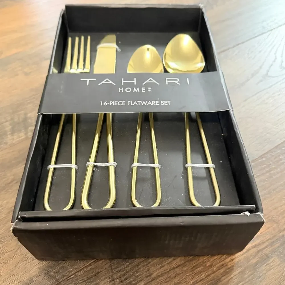 Tahari Home Cutlery Flatware gold color MCM style dining mid-century modern