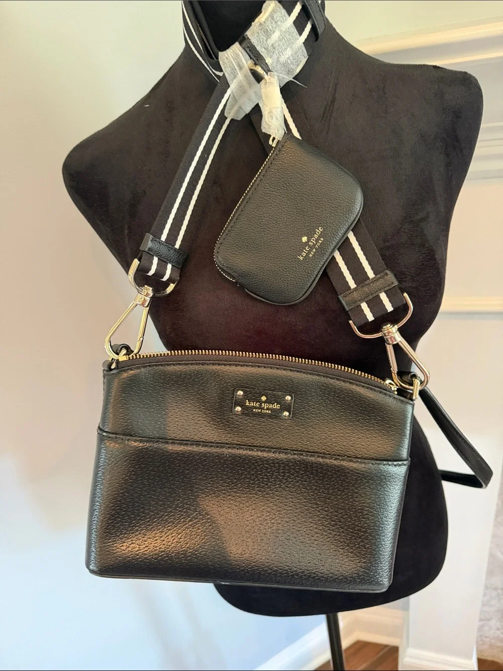 kate spade Black Pebbled Leather Crossbody with Striped Strap and Coin Pouch