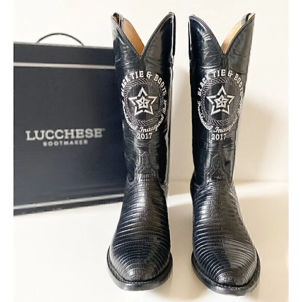 Lucchese‎ Embroidered Texas Star Exotic Lizard Boots Mens 9.5B Black USA