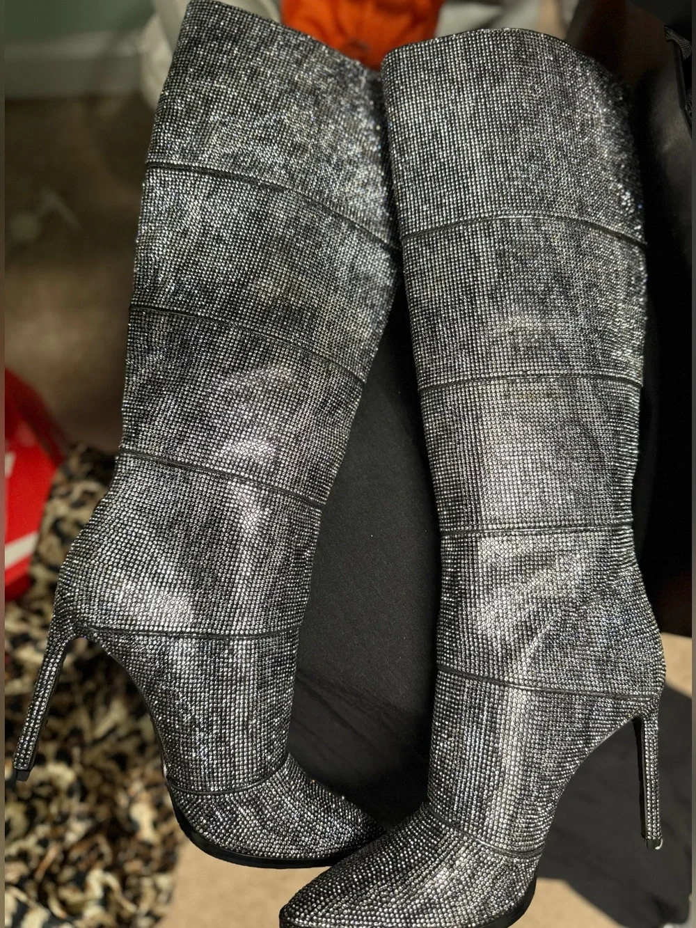 Steve Madden Silver Crystal-Embellished Stiletto Boots