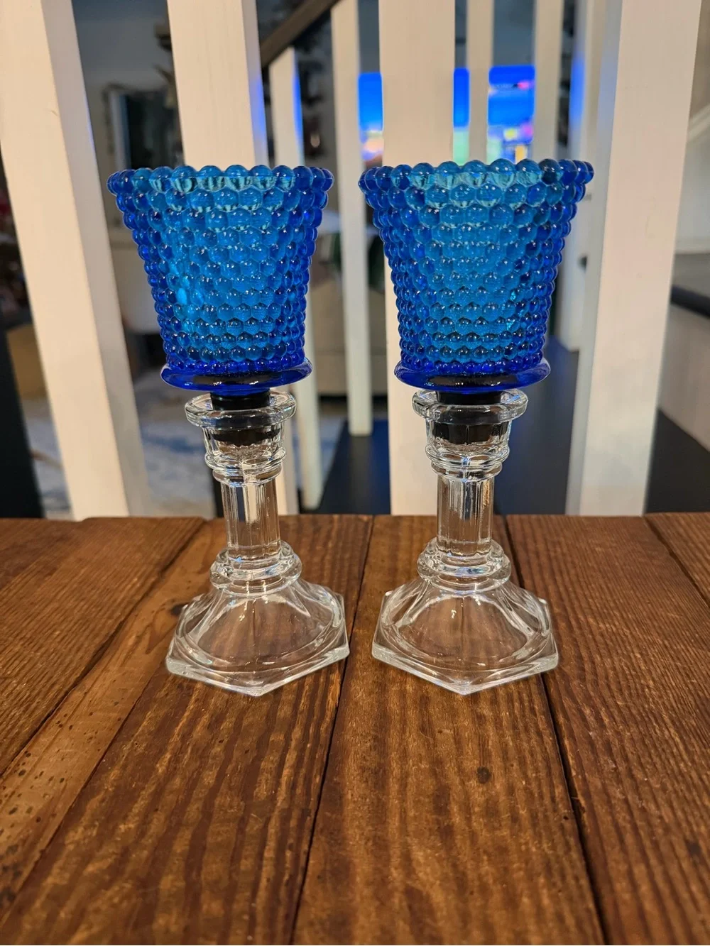 Pair of vintage HOMCO Blue Hobnail Glass Candle Holders with Clear Base