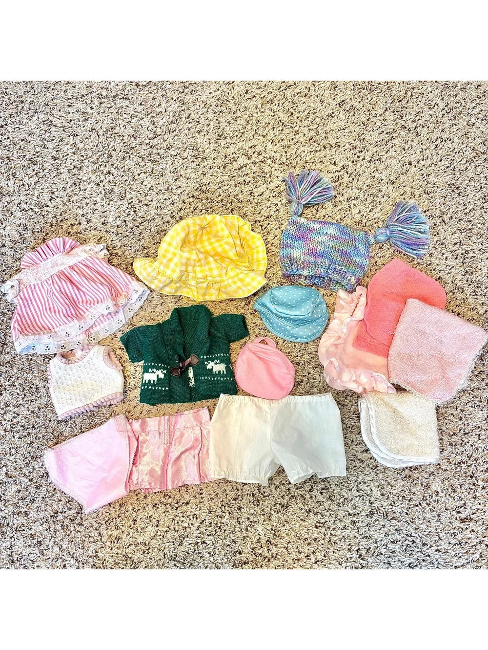 Vintage Doll Clothes & Accessories Lot – Mixed Outfits, Hats, Sweaters, Blankets