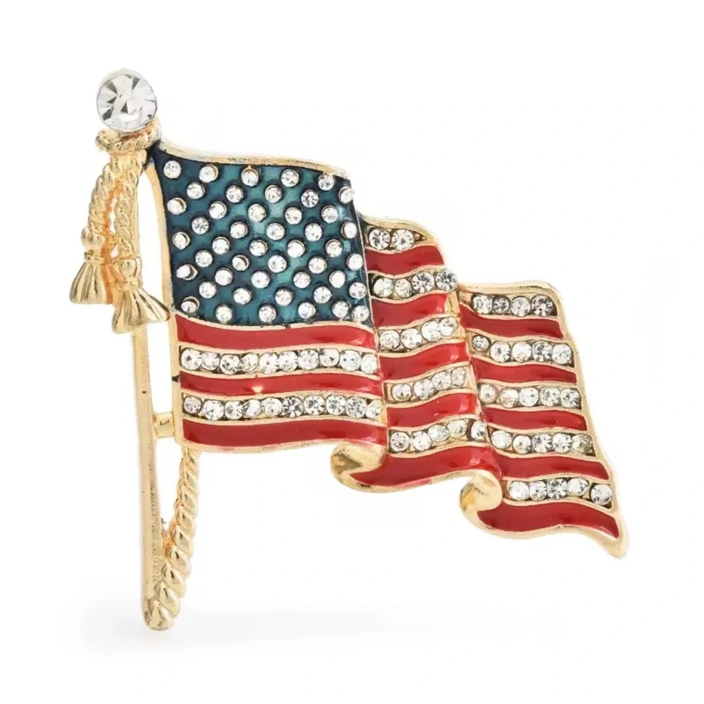 American Flag Brooch Pin Gold Tone Rhinestone‎ Enamel Waving USA Patriotic