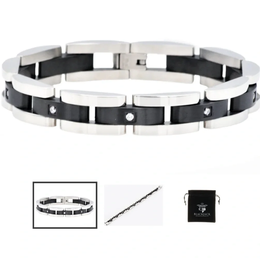 Mens Curved Link Two Tone Black Stainless Steel Bracelet With Cubic Zirconia