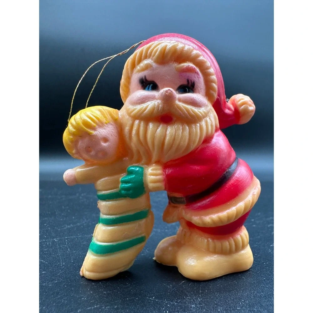 Vintage Blow Mold Santa Ornament Holding Doll‎ in Stocking Christmas Plastic