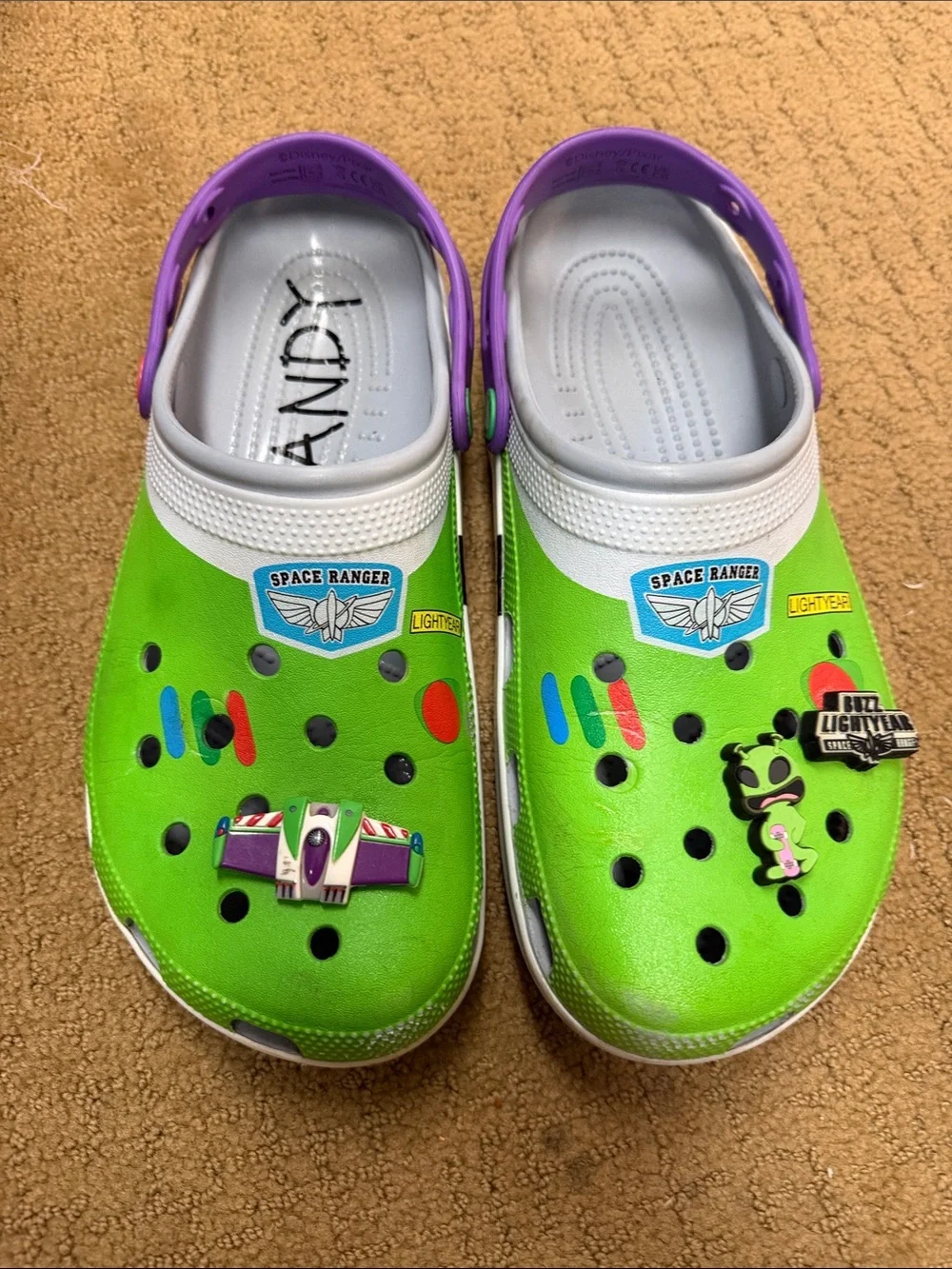 CROCS Green Space Ranger Clogs with Purple Heel Strap