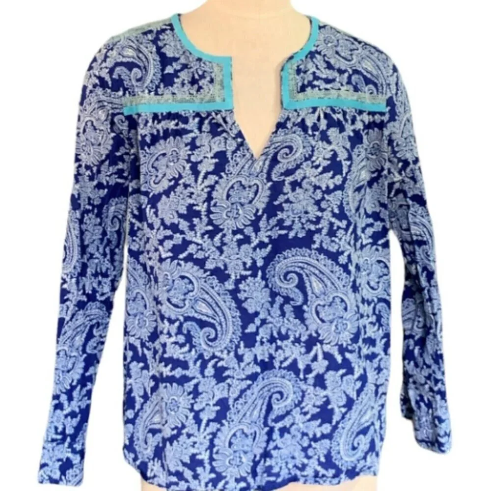 J Crew V-Neck Cotton Tunic‎ Top BOHO Paisley Embroidered S Blue #352J