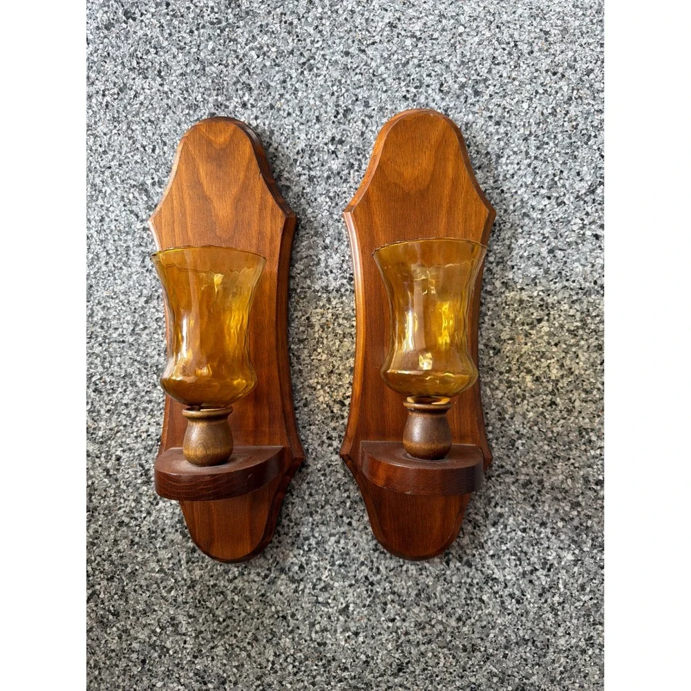 Vintage Wood Wall Sconce Pair Amber Glass Hurricane Candle Holders Mid Century