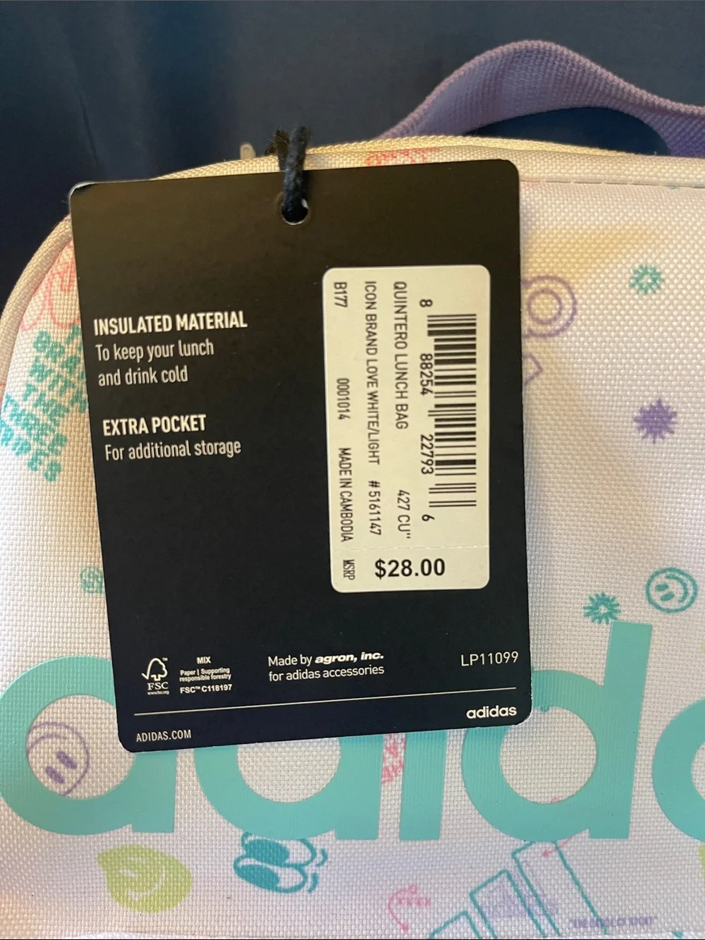 adidas White Lunch Bag with Teal Logo and Pastel Accents