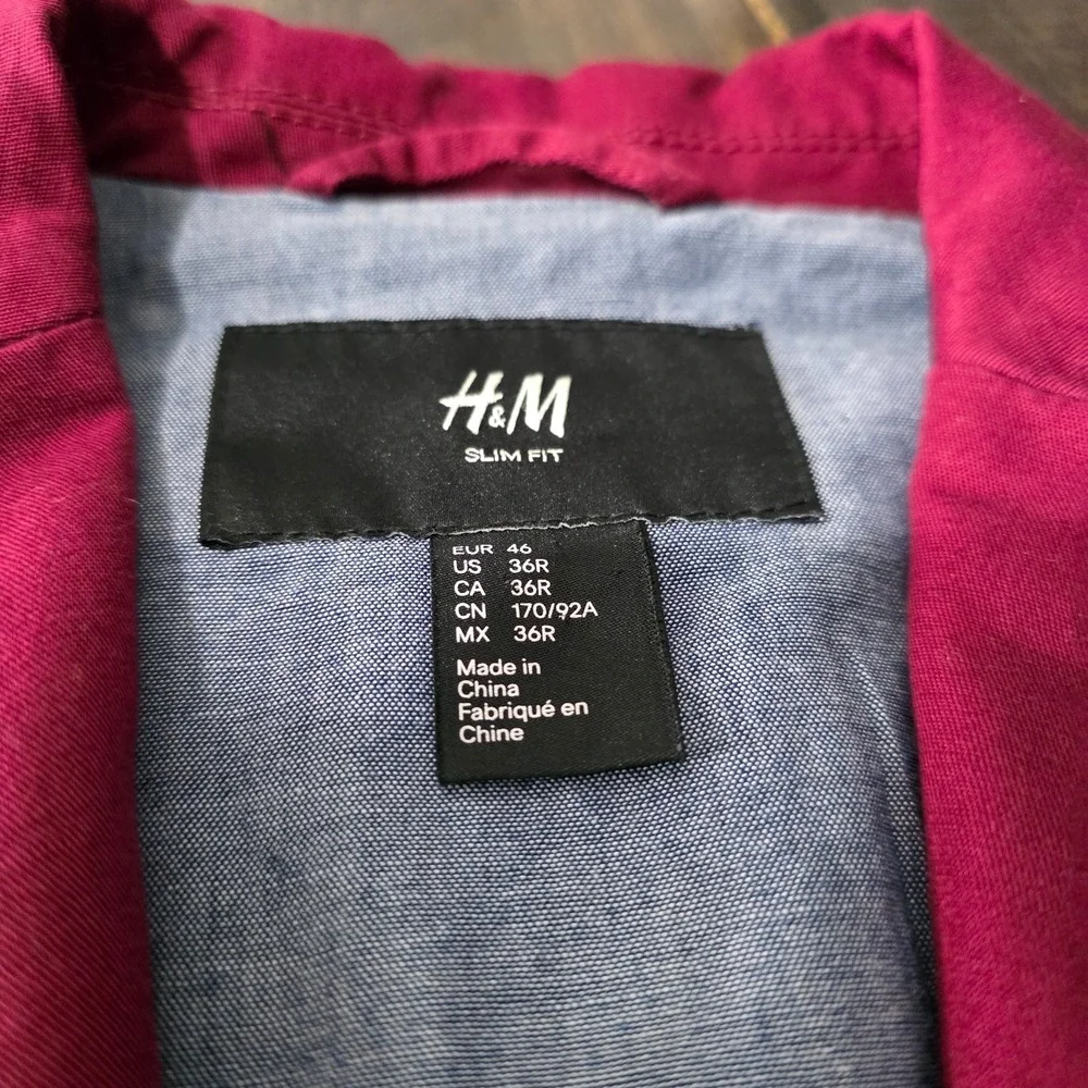 H&M Men's‎ Sport Coat Blazer Two Button Maroon Cotton Linen Blend Size 36R Slim