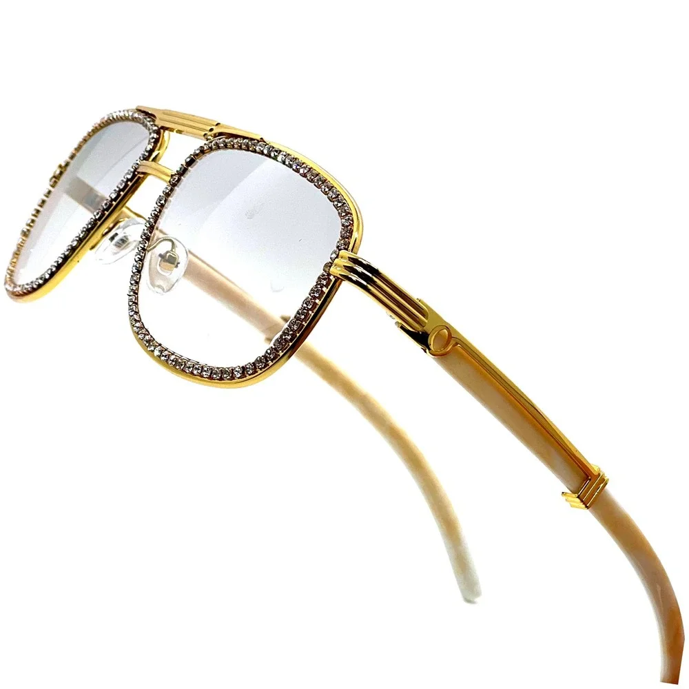 Rhinestone Sunglasses Gold Frame Square Lens Fashion‎ Shades Men Hip Hop Lentes