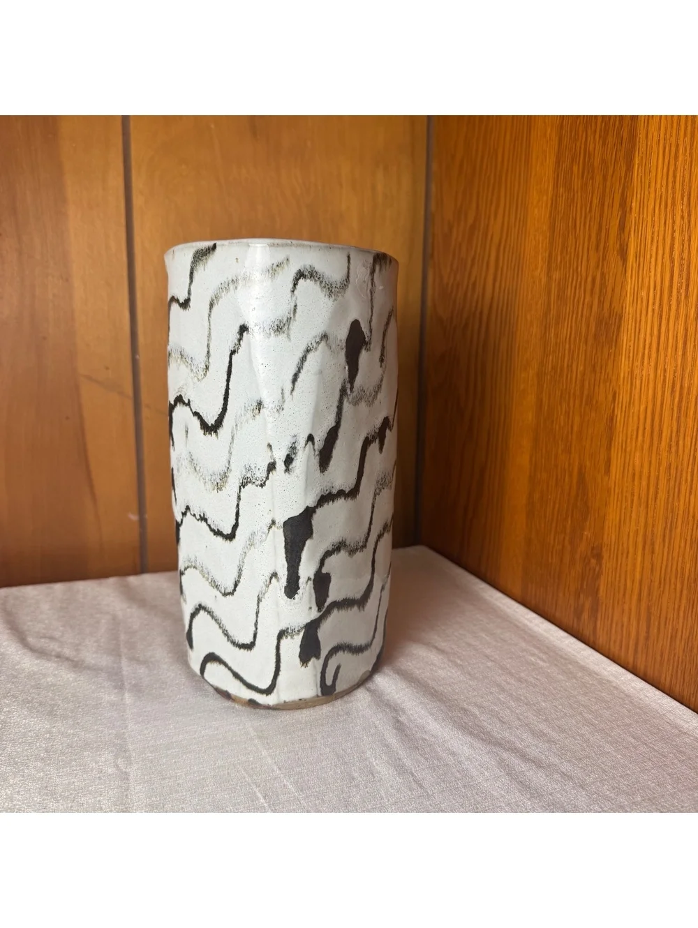 Vintage Studio Pottery Vase Black White Abstract Ceramic 10 Inch