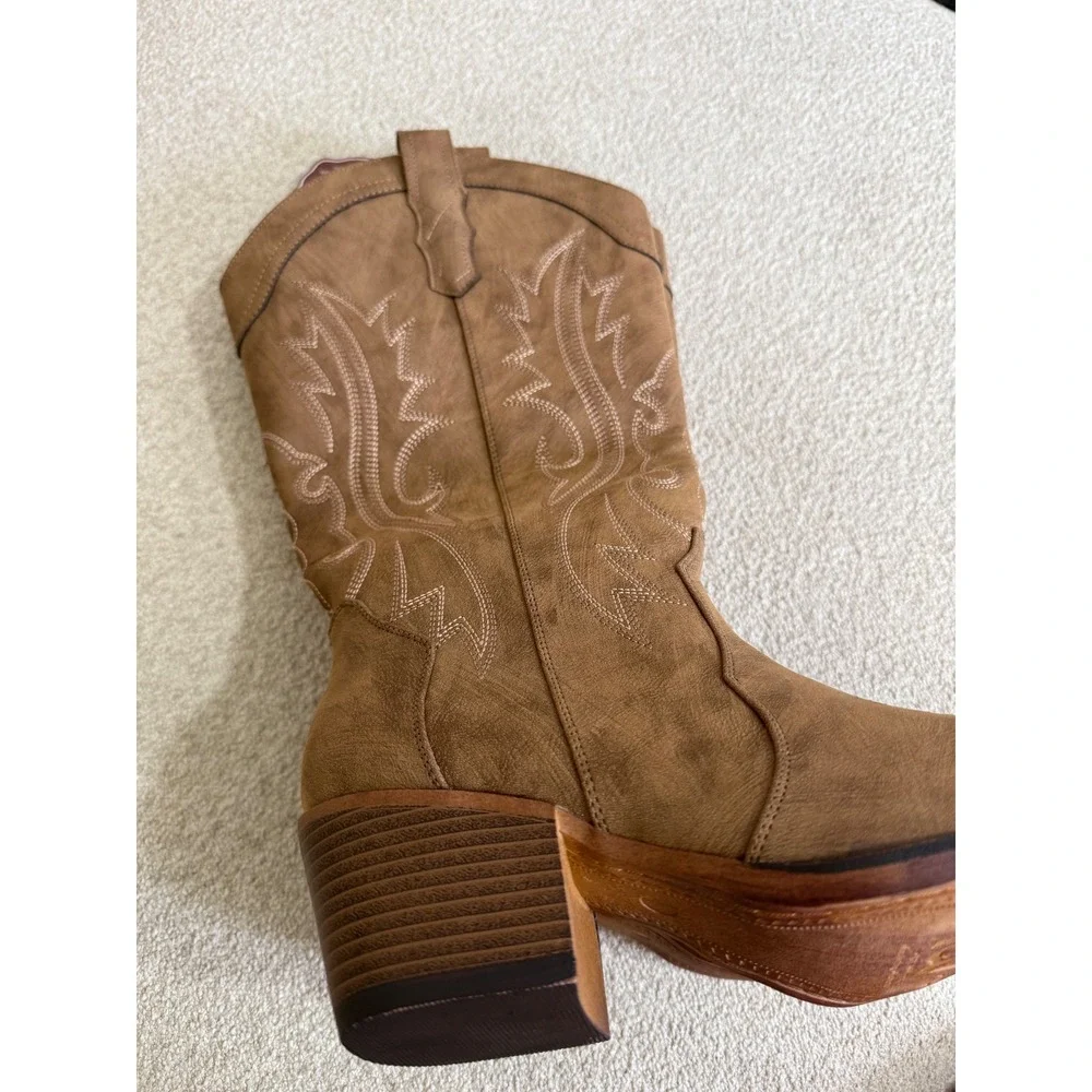 IUV Women's Western Cowboy Boots Taupe Embroidered Mid Calf Block Heel US 8
