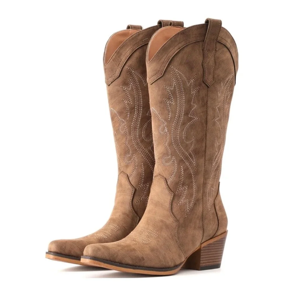 IUV Women's Western Cowboy Boots Taupe Embroidered Mid Calf Block Heel US 8