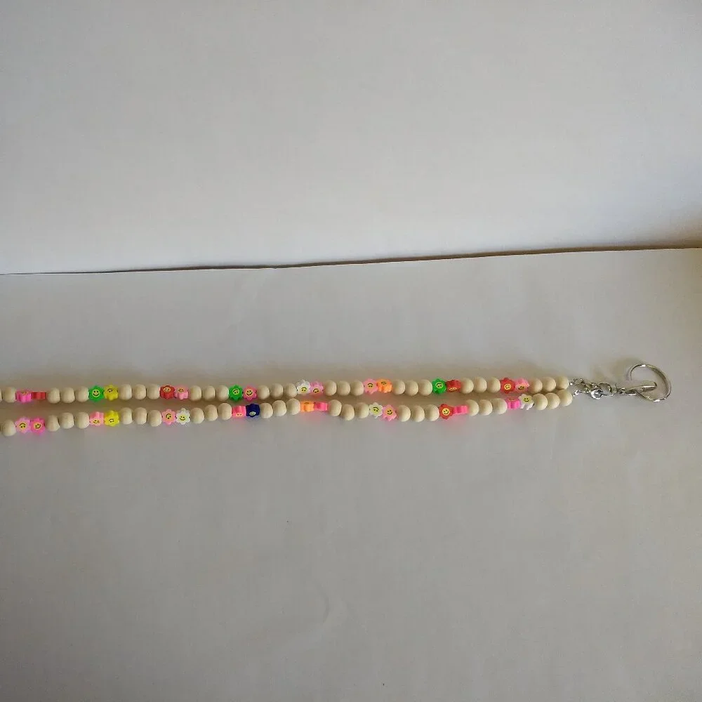 Wooden Bead Smiley Flower Lanyard Keychain Kidcore Fun Colorful Modern Utility