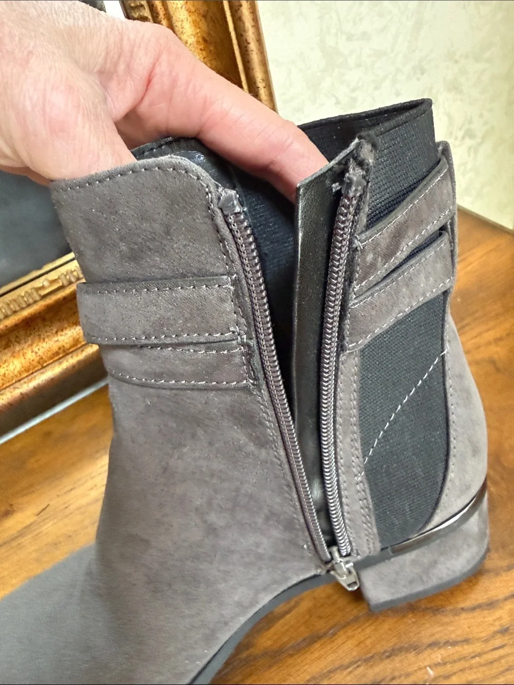 DKNY Gray Suede Ankle Booties with Logo strap accents. Size 7.