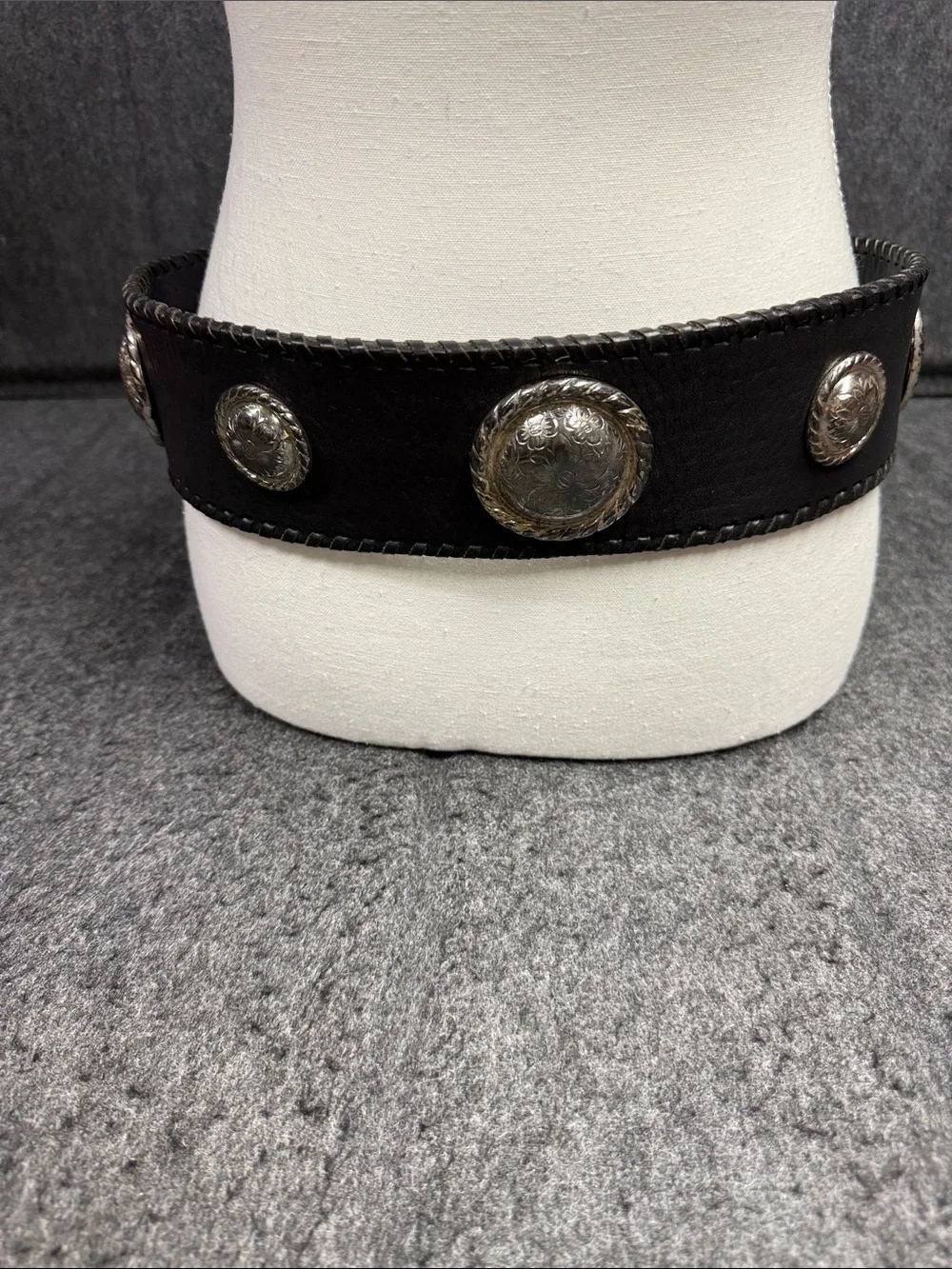 Big AL Vintage Western Black Leather Belt with Silver Engraved Buckle