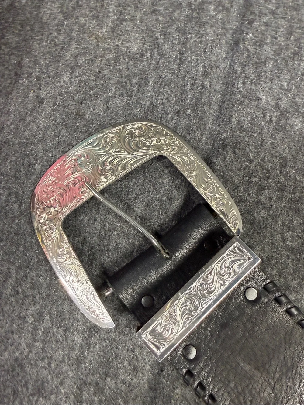 Big AL Vintage Western Black Leather Belt with Silver Engraved Buckle
