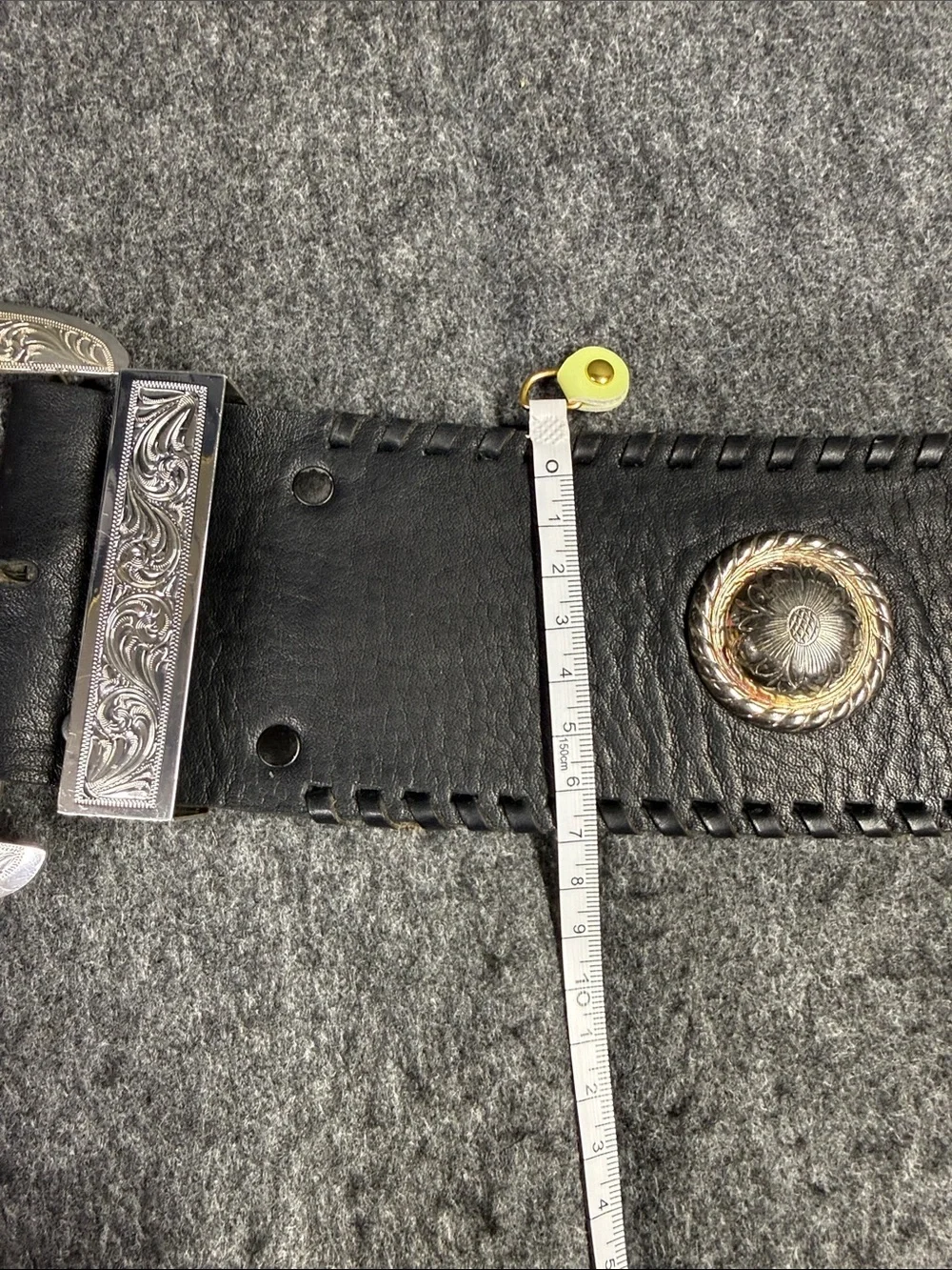 Big AL Vintage Western Black Leather Belt with Silver Engraved Buckle
