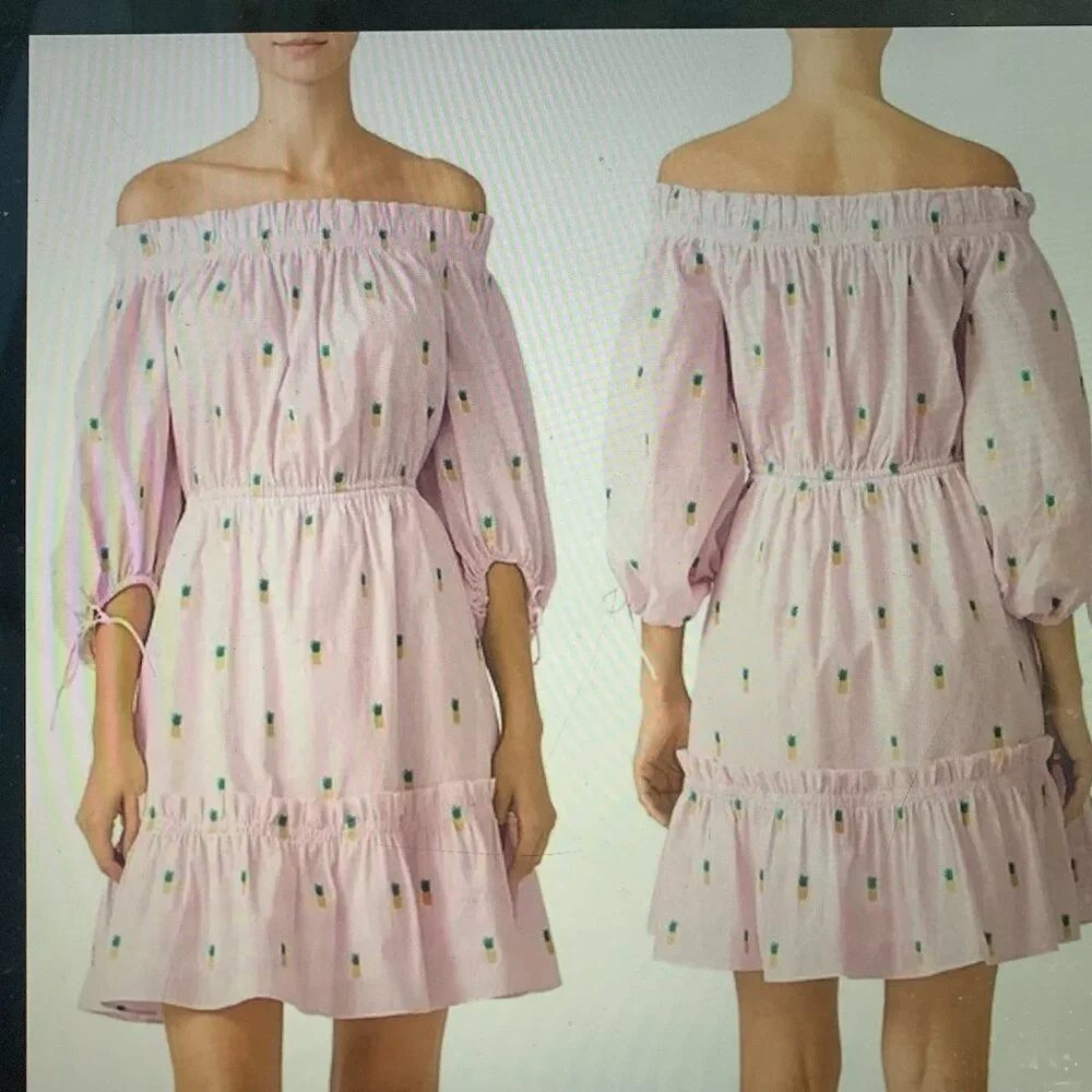 Kate Spade Off Shoulder Pineapple Dress pink embroidered ruffle cotton XS