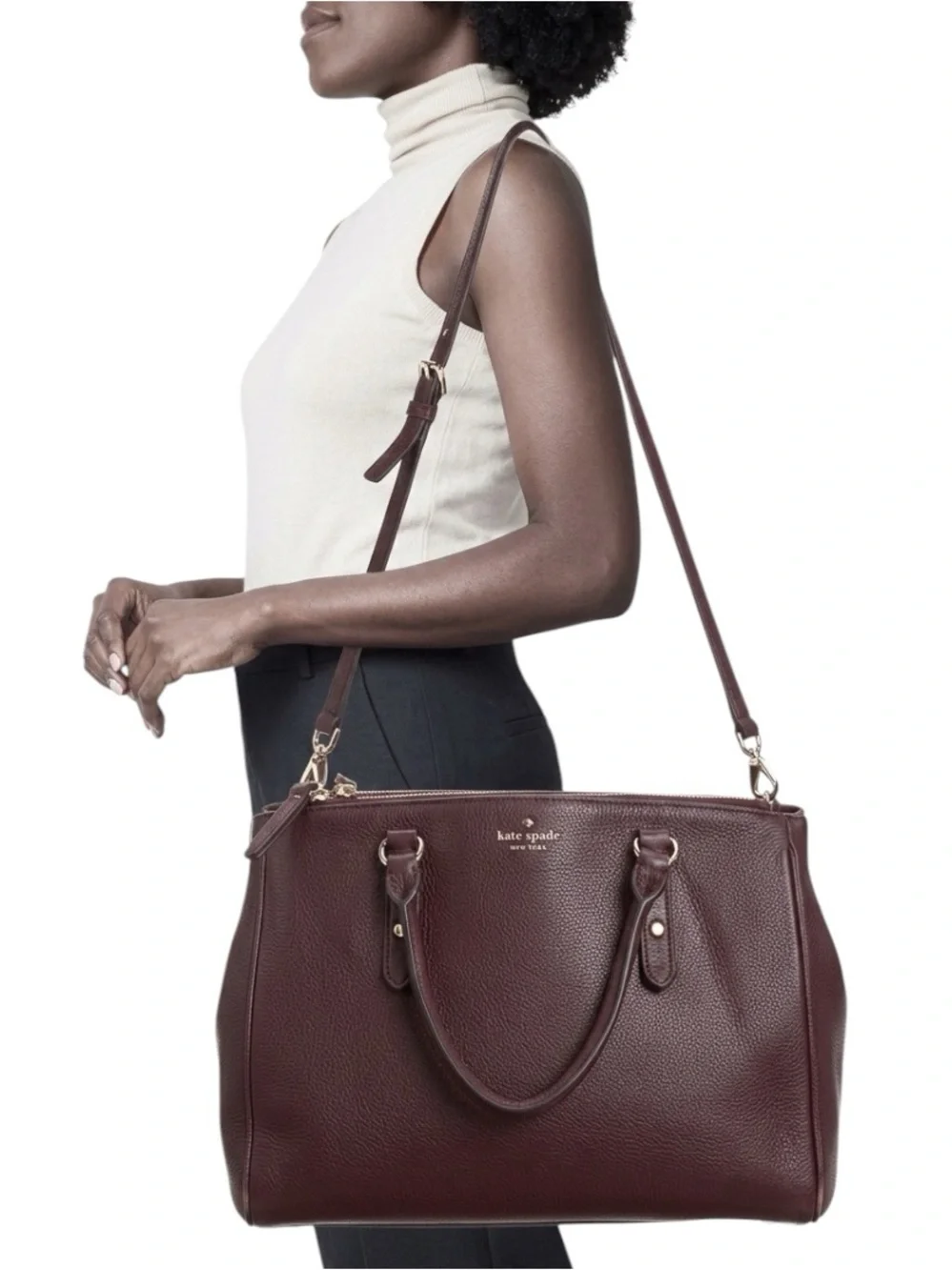 Kate Spade Mulberry Street Leighann Pebbled Leather Satchel Tote Burgundy