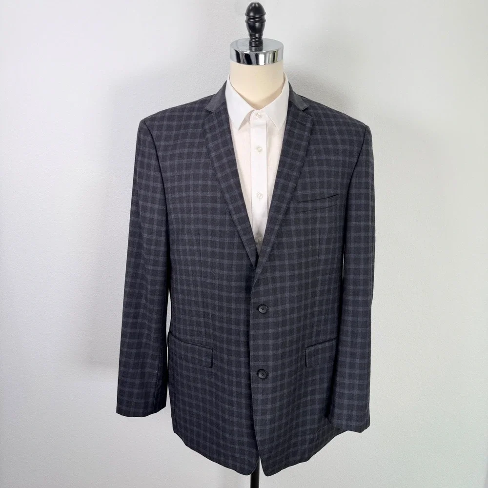 Marc New York Andrew Marc Mens 48XL Wool Sport Coat Blazer Plaid Leather Trim