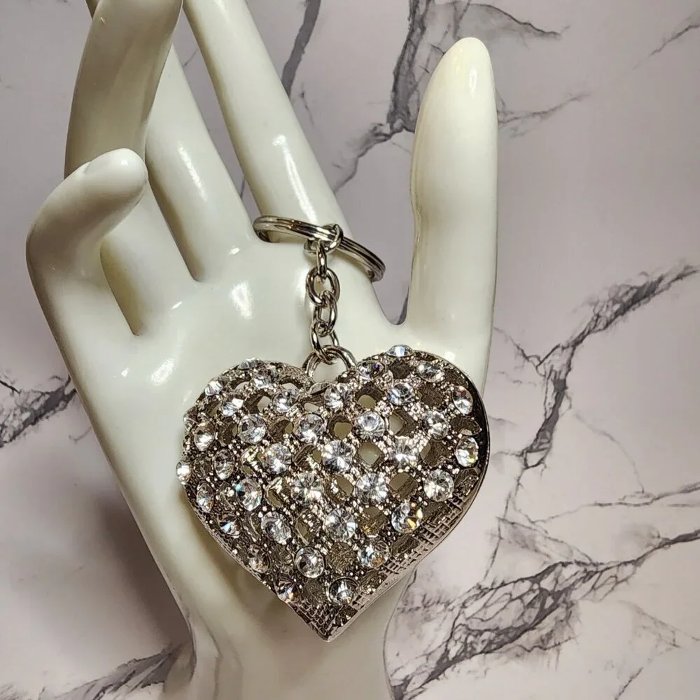XL Rhinestone Puffy Silver Heart Keychain
