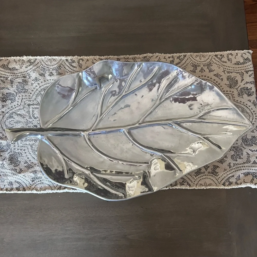 Large Pewter Leaf-Shaped Footed Decorative Tray Platter Approximately 24” x 13”