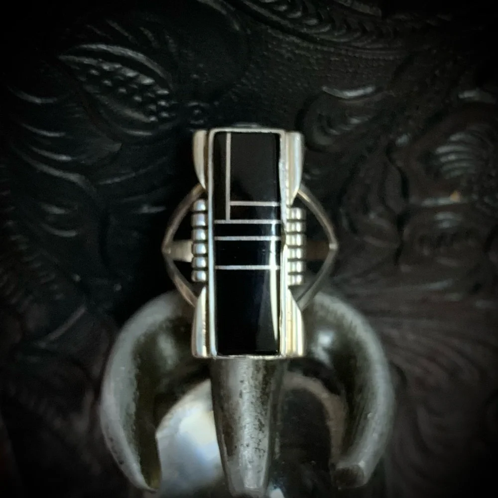Vintage A Yazzie Navajo Onyx Sterling Silver Ring