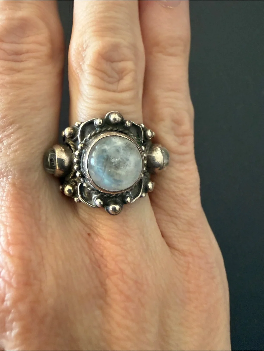Vintage Moonstone Ring W/ Blue Flash Handmade Statement, Size 7.75, Gothic Style