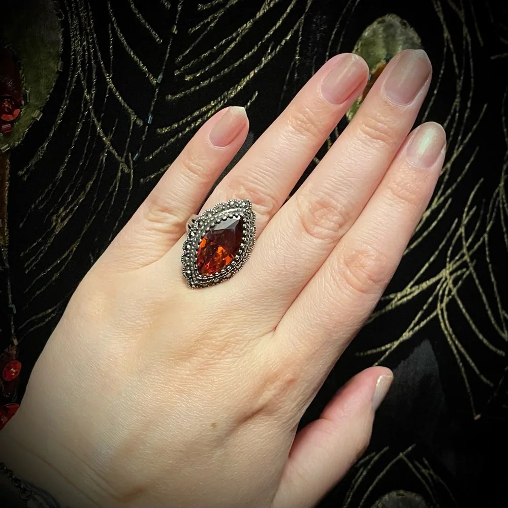 Vintage Amber Glass and Marcasite Marquis sterling silver ring