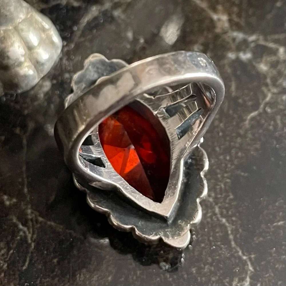 Vintage Amber Glass and Marcasite Marquis sterling silver ring
