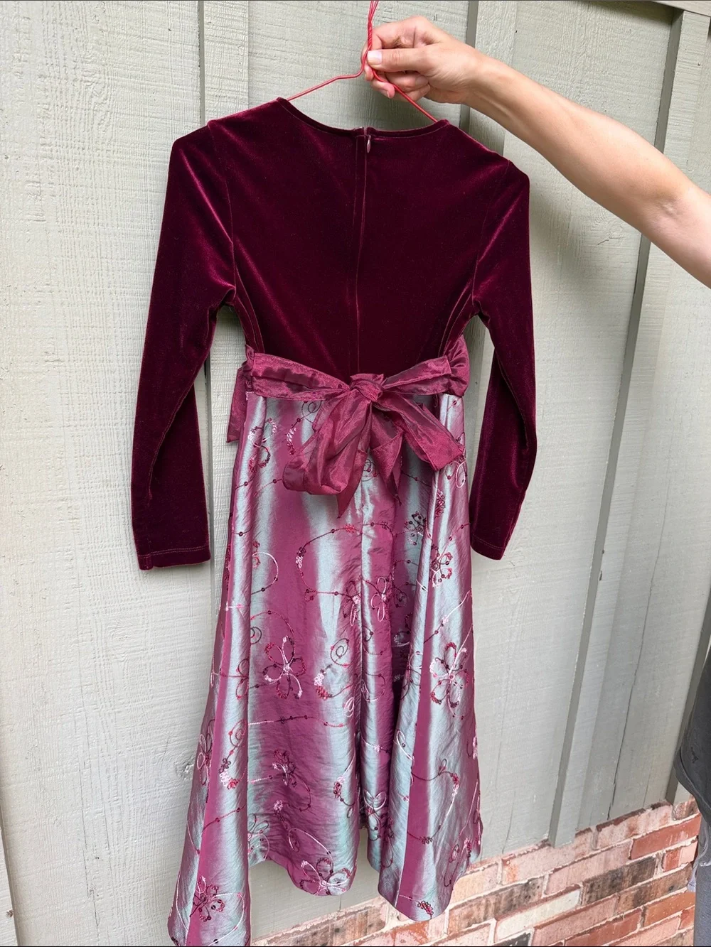 Bonnie Jean Burgundy Velvet Bodice & Pink Satin Floral Dress with Bow
