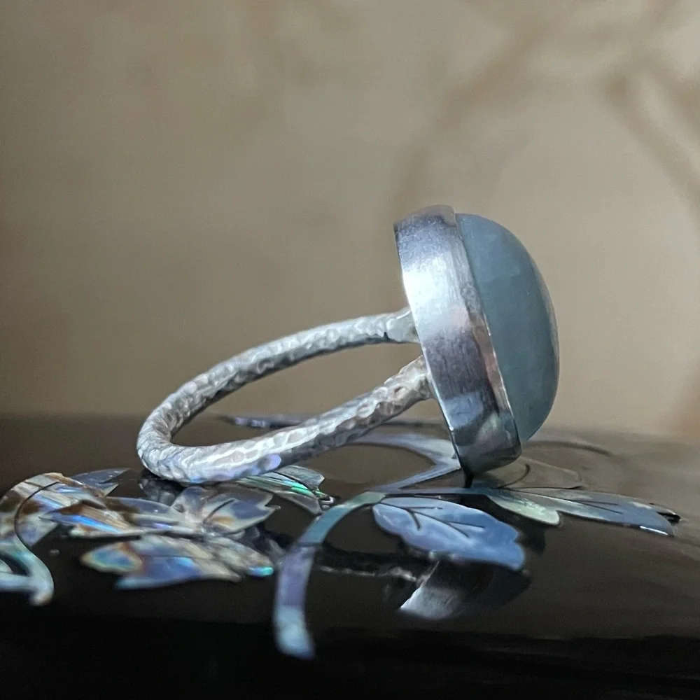 Matte Aquamarine Sterling Silver Ring with textured band 925