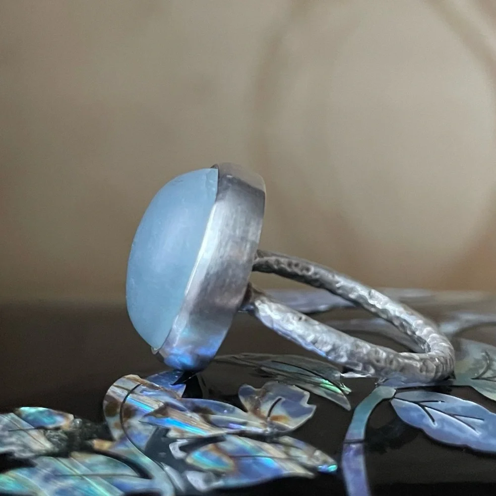 Matte Aquamarine Sterling Silver Ring with textured band 925