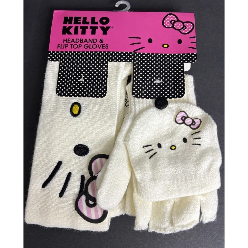 Sanrio Hello Kitty Girls Headband and Flip Top Gloves White Pink NEW