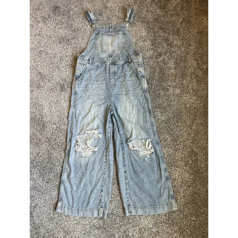 Free People Light Blue Distressed Denim Overalls