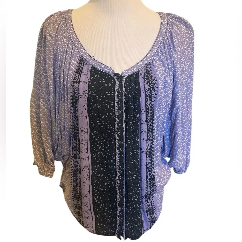 Free People Days of Romance Top Purple and Black Batik-inspired Print Small