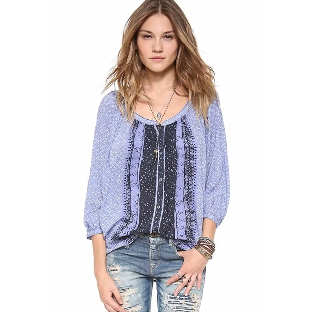 Free People Days of Romance Top Purple and Black Batik-inspired Print Small