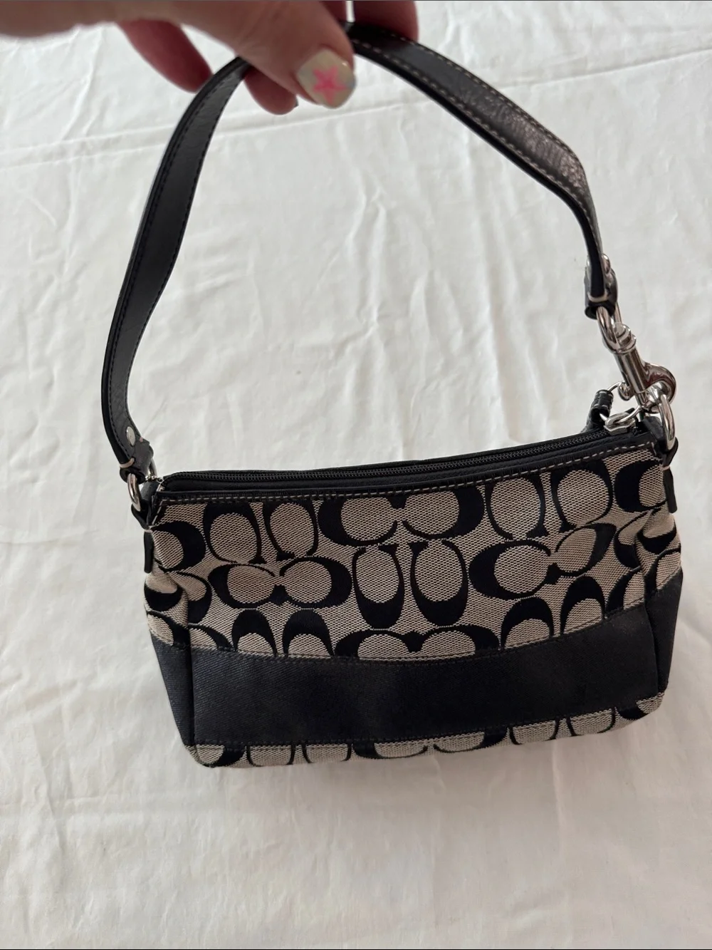 Coach Mini Signature Canvas Shoulder Bag in Black and Tan