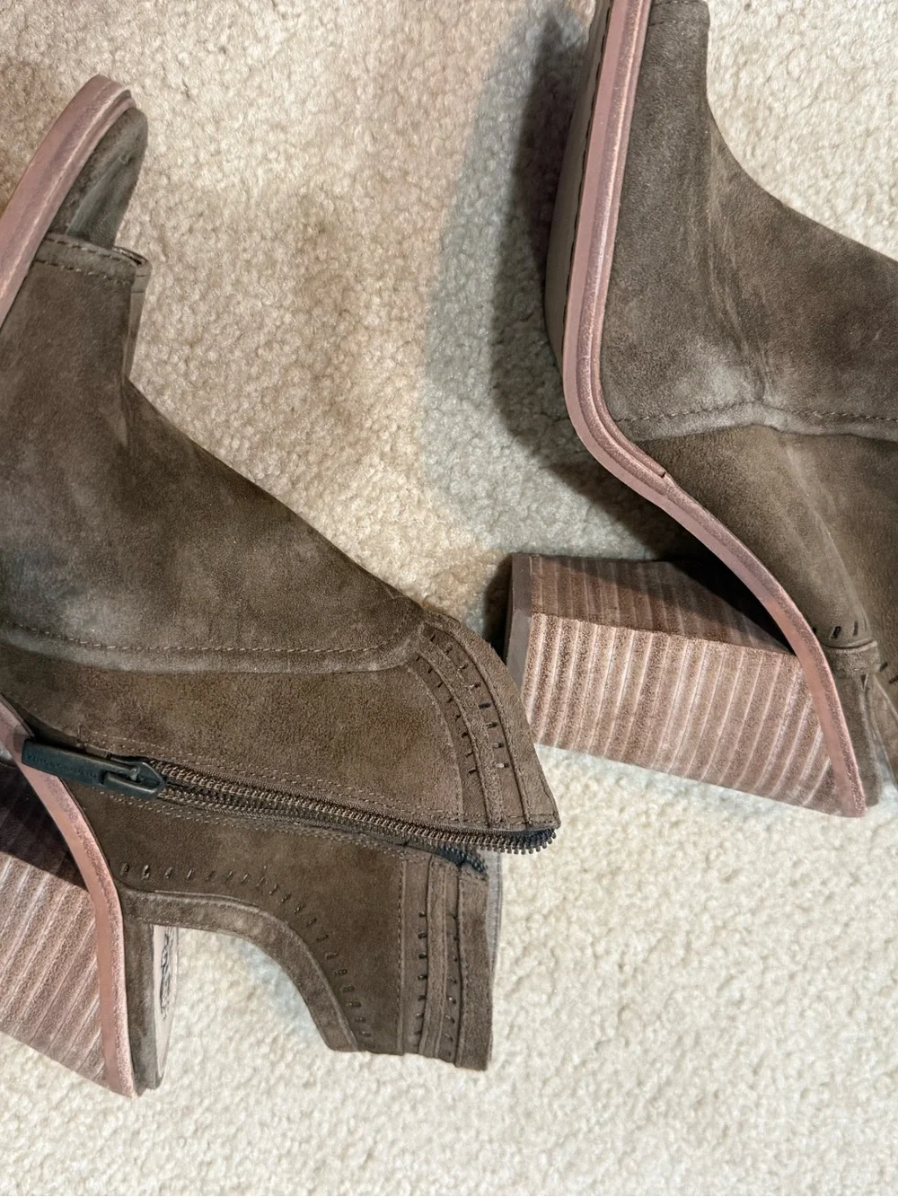 Vince Camuto Taupe Brown Suede Ankle Booties with Stacked Heel