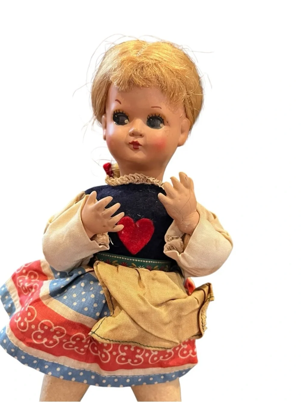 Antique 11” Composite Doll Blonde Braided Folk art Dress vintage